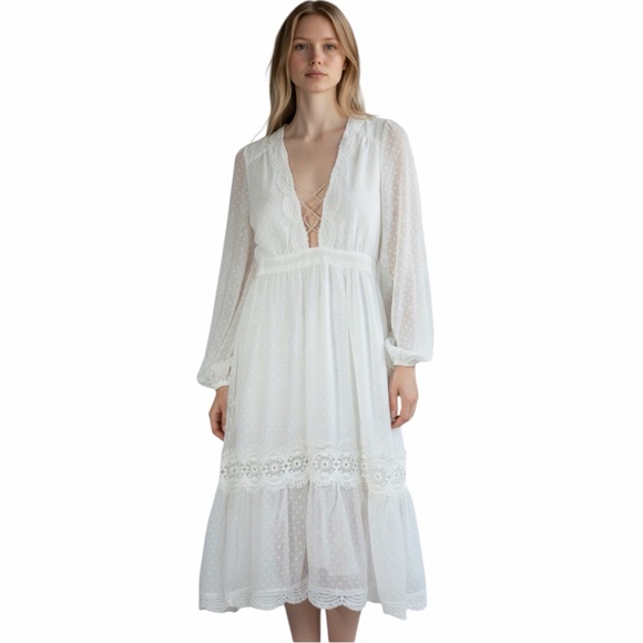 Showpo. Dresses & Skirts - NWT Showpo. Always Dreaming Dress in White Size 6 Midi Length Swiss Dot